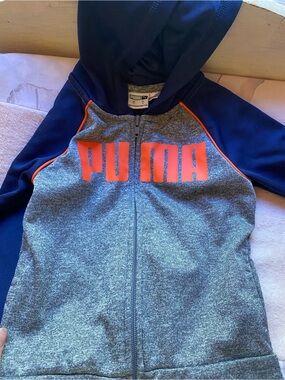 Puma Navy & Heather Gray Zip Hoodie with Bright Orange Logo
